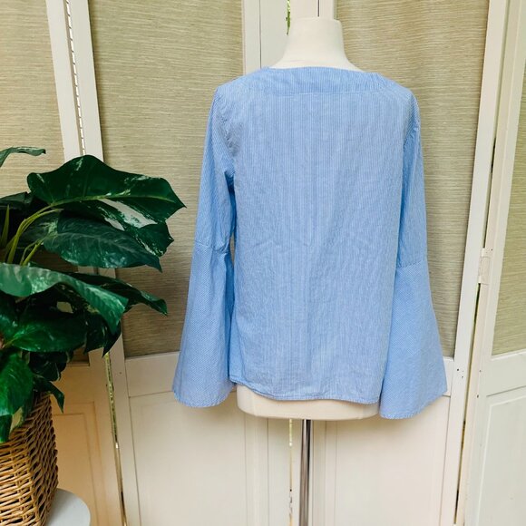 Philosophy Blouse Blue White Pinstripe V Neck Bell Flutter Sleeves Boho Top - Picture 5 of 6